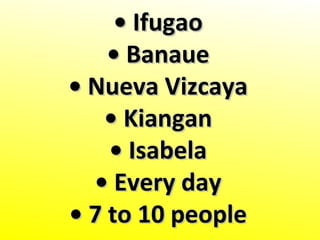 •• IfugaoIfugao
•• BanaueBanaue
•• Nueva VizcayaNueva Vizcaya
•• KianganKiangan
•• IsabelaIsabela
•• Every dayEvery day
•• 7 to 10 people7 to 10 people
 