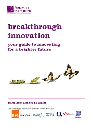 breakthrough
innovation
your guide to innovating
for a brighter future




David Bent and Zoe Le Grand

Made possible by the members of the Sustainable Business Model Group:
 