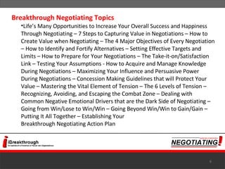 Life’s Many Opportunities to Increase Your Overall Success and Happiness Through Negotiating – 7 Steps to Capturing Value in Negotiations – How to Create Value when Negotiating – The 4 Major Objectives of Every Negotiation – How to Identify and Fortify Alternatives – Setting Effective Targets and Limits – How to Prepare for Your Negotiations – The Take-it-on/Satisfaction Link – Testing Your Assumptions - How to Acquire and Manage Knowledge During Negotiations – Maximizing Your Influence and Persuasive Power During Negotiations – Concession Making Guidelines that will Protect Your Value – Mastering the Vital Element of Tension – The 6 Levels of Tension – Recognizing, Avoiding, and Escaping the Combat Zone – Dealing with Common Negative Emotional Drivers that are the Dark Side of Negotiating – Going from Win/Lose to Win/Win – Going Beyond Win/Win to Gain/Gain – Putting It All Together – Establishing Your Breakthrough Negotiating Action Plan Breakthrough Negotiating Topics 