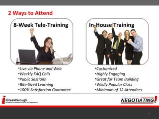 2 Ways to Attend 8-Week Tele-Training In-House Training Live via Phone and Web Weekly FAQ Calls Public Sessions  Bite-Sized Learning 100% Satisfaction Guarantee Customized Highly Engaging  Great for Team Building Wildly Popular Class Minimum of 12 Attendees 