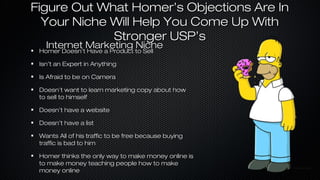 Figure Out What Homer’s Objections Are In
Your Niche Will Help You Come Up With
Stronger USP’s
Internet Marketing Niche
Homer Doesn’t Have a Product to Sell
Isn’t an Expert in Anything
Is Afraid to be on Camera
Doesn’t want to learn marketing copy about how
to sell to himself
Doesn’t have a website
Doesn’t have a list
Wants All of his traffic to be free because buying
traffic is bad to him
Homer thinks the only way to make money online is
to make money teaching people how to make
money online

 
