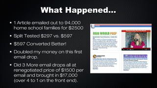 What Happened...
1 Article emailed out to 94,000
home school families for $2500
Split Tested $297 vs. $597
$597 Converted Better!
Doubled my money on this first
email drop.
Did 3 More email drops all at
renegotiated price of $1500 per
email and brought in $17,000
(over 4 to 1 on the front end).

 