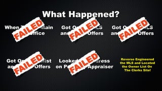 What Happened?
When To The Main
Sales Office

Got On the MLS
and Made Offers

Got On the MLS
and Made Offers

Got On Craigslist
Looked Up Address
and Made Offers on Property Appraiser

Reverse Engineered
the MLS and Located
the Owner List On
The Clerks Site!

 