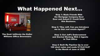 What Happened Next...
Step 1: Made Friends With
the Mortgage Company Next
Door and Asked if I Could Send
Him Business.
Step 2: “Hey Jeff, Can you Introduce
me to that real estate Agent?”
The Goal: Infiltrate the Keller
Williams Office Downstairs

Step 3: Got Jeff’s Endorsement
and Started Working With 2 Agents
in That Office
Step 4: Built My Pipeline Up to over
100 short sales and made $118,619.87
in the Month of June of 2008

 