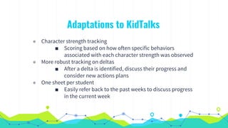 Adaptations to KidTalks
◉ Character strength tracking
■ Scoring based on how often specific behaviors
associated with each character strength was observed
◉ More robust tracking on deltas
■ After a delta is identified, discuss their progress and
consider new actions plans
◉ One sheet per student
■ Easily refer back to the past weeks to discuss progress
in the current week
 