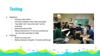 Testing
● Negatives:
○ Previous action plans
○ Confusion between action plans and goals
○ “new delta” and “new action plan” can be
confusing
○ External problems field
○ Rating improvement 1-5 can be cumbersome
○ use concrete examples for delta
● Positives
○ Pluses are a big ‘plus’
○ Rating character strengths 1-5 works well though
 