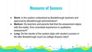 Measures of Success
● Short: Is the system understood by Breakthrough teachers and
approved by Breakthrough administrators?
● Medium: Do teachers and parents feel that the assessment aligns
with the reality, from anecdotal experience or qualitative
assessment?
● Long: Do the results of the system align with student success in
life after Breakthrough (such as college dropout rate)?
 