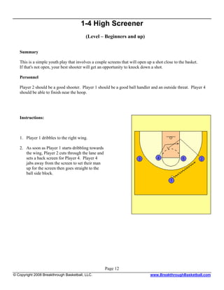 1-4 High Screener
                                          (Level – Beginners and up)

   Summary

   This is a simple youth play that involves a couple screens that will open up a shot close to the basket.
   If that's not open, your best shooter will get an opportunity to knock down a shot.

   Personnel

   Player 2 should be a good shooter. Player 1 should be a good ball handler and an outside threat. Player 4
   should be able to finish near the hoop.




   Instructions:



   1. Player 1 dribbles to the right wing.

   2. As soon as Player 1 starts dribbling towards
      the wing, Player 2 cuts through the lane and
      sets a back screen for Player 4. Player 4
      jabs away from the screen to set their man
      up for the screen then goes straight to the
      ball side block.




                                                     Page 12
© Copyright 2008 Breakthrough Basketball, LLC.                                 www.BreakthroughBasketball.com
 