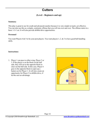 Cutters
                                          (Level – Beginners and up)

   Summary

   This play is great to use for youth and advanced coaches because it is very simple to teach, yet effective.
   You can also use this as a simple, continuity offense that you will run over and over. The offense starts in a
   basic 1-3-1 set. It will also provide dribble-drive opportunities.

   Personnel

   You want Players 4 & 5 to be your post players. You want players 1, 2, & 3 to have good ball handling
   skills.




   Instructions:



   1. Player 1 can pass to either wing, Player 2 or
      3. If the player is on the block on the ball
      side, they will cut to the opposite block to
      clear out the ball side. In this case, Player 4
      goes to the opposite block to open up a
      basket cut for Player 1. It will also create an
      opportunity for Player 2 to dribble drive, if
      he/she sees an advantage.




                                                        Page 14
© Copyright 2008 Breakthrough Basketball, LLC.                                 www.BreakthroughBasketball.com
 