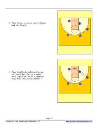 2. Player 1 makes a v-cut and receives the pass
      back from Player 1.




   3. Player 1 dribbles the ball to the left wing,
      and Player 2 does a flare cut to replace
      where Player 1 was. As this is happening,
      Player 4 sets a back screen for Player 3.




                                                     Page 26
© Copyright 2008 Breakthrough Basketball, LLC.                 www.BreakthroughBasketball.com
 