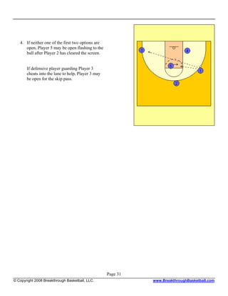 4. If neither one of the first two options are
      open, Player 5 may be open flashing to the
      ball after Player 2 has cleared the screen.


       If defensive player guarding Player 3
       cheats into the lane to help, Player 3 may
       be open for the skip pass.




                                                    Page 31
© Copyright 2008 Breakthrough Basketball, LLC.                www.BreakthroughBasketball.com
 