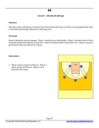 44
                                          (Level – Advanced and up)

   Summary

   This play works well because it involves lots of movement and it gives you three scoring opportunities close
   to the basket and multiple options for a mid-range shot


   Personnel

   Player 4 should be your best jumper. Player 1 should be your ball-handler. Player 3 should be able to finish
   around the basket and make the outside shot. Player 5 should be able to finish down low. Player 2 may be a
   good shooter that you could use as a decoy.




   Instructions:



   1. Player 2 down screens for Player 5. Player 3
      down screens for Player 4. Players 3 & 4
      pop out to the wings.




                                                   Page 35
© Copyright 2008 Breakthrough Basketball, LLC.                              www.BreakthroughBasketball.com
 