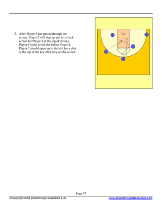5. After Player 5 has passed through the
      screen, Player 2 will step up and set a back
      screen for Player 4 at the top of the key.
      Player 1 looks to lob the ball to Player 4.
      Player 2 should open up to the ball for a shot
      at the top of the key after they set the screen.




                                                     Page 37
© Copyright 2008 Breakthrough Basketball, LLC.                 www.BreakthroughBasketball.com
 