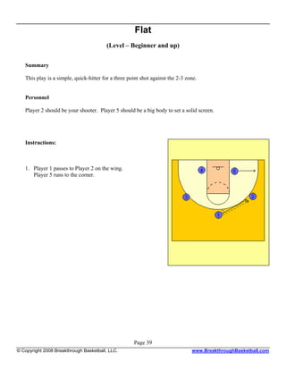 Flat
                                         (Level – Beginner and up)

   Summary

   This play is a simple, quick-hitter for a three point shot against the 2-3 zone.


   Personnel

   Player 2 should be your shooter. Player 5 should be a big body to set a solid screen.




   Instructions:



   1. Player 1 passes to Player 2 on the wing.
      Player 5 runs to the corner.




                                                     Page 39
© Copyright 2008 Breakthrough Basketball, LLC.                                  www.BreakthroughBasketball.com
 
