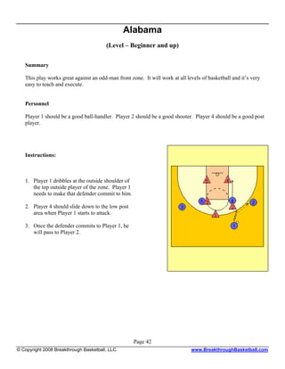 Alabama
                                        (Level – Beginner and up)

   Summary

   This play works great against an odd-man front zone. It will work at all levels of basketball and it’s very
   easy to teach and execute.


   Personnel

   Player 1 should be a good ball-handler. Player 2 should be a good shooter. Player 4 should be a good post
   player.




   Instructions:



   1. Player 1 dribbles at the outside shoulder of
      the top outside player of the zone. Player 1
      needs to make that defender commit to him.

   2. Player 4 should slide down to the low post
      area when Player 1 starts to attack.

   3. Once the defender commits to Player 1, he
      will pass to Player 2.




                                                     Page 42
© Copyright 2008 Breakthrough Basketball, LLC.                                www.BreakthroughBasketball.com
 
