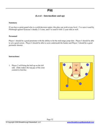 Pitt
                                      (Level – Intermediate and up)

   Summary

   If you have a point guard who is a solid decision maker, this play can work at any level. I’ve seen it used by
   Pittsburgh against Syracuse’s deadly 2-3 zone, and I’ve used it with 12 year olds as well.


   Personnel

   Player 1 should be a good penetrator with the ability to hit the mid-range jump shot. Player 5 should be able
   to set a good screen. Player 4 should be able to score underneath the basket and Player 3 should be a good
   perimeter shooter.




   Instructions:



   1. Player 2 will bring the ball up on the left
      side. (S)he makes the top guy of the zone
      commit to him/her.




                                                    Page 52
© Copyright 2008 Breakthrough Basketball, LLC.                                www.BreakthroughBasketball.com
 