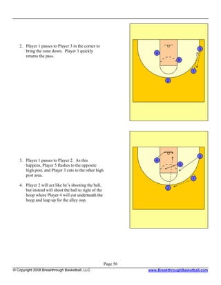 2. Player 1 passes to Player 3 in the corner to
      bring the zone down. Player 3 quickly
      returns the pass.




   3. Player 1 passes to Player 2. As this
      happens, Player 5 flashes to the opposite
      high post, and Player 3 cuts to the other high
      post area.

   4. Player 2 will act like he’s shooting the ball,
      but instead will shoot the ball to right of the
      hoop where Player 4 will cut underneath the
      hoop and leap up for the alley oop.




                                                        Page 56
© Copyright 2008 Breakthrough Basketball, LLC.                    www.BreakthroughBasketball.com
 