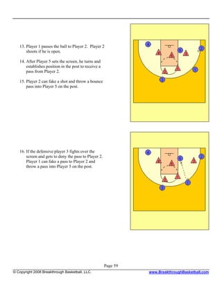 13. Player 1 passes the ball to Player 2. Player 2
       shoots if he is open.

   14. After Player 5 sets the screen, he turns and
       establishes position in the post to receive a
       pass from Player 2.

   15. Player 2 can fake a shot and throw a bounce
       pass into Player 5 on the post.




   16. If the defensive player 3 fights over the
       screen and gets to deny the pass to Player 2.
       Player 1 can fake a pass to Player 2 and
       throw a pass into Player 5 on the post.




                                                       Page 59
© Copyright 2008 Breakthrough Basketball, LLC.                   www.BreakthroughBasketball.com
 