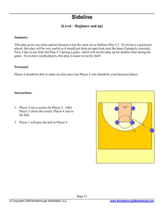 Sideline
                                        (Level – Beginner and up)

   Summary

   This play gives you some options because it has the same set as Sideline Play # 2. If you have a good post
   player, this play will be very useful as it should get them an open look near the hoop if properly executed.
   First, I like to run Side Out Play # 2 during a game, which will set this play up for another time during the
   game. If you have youth players, this play is easier to run by itself.


   Personnel

   Player 4 should be able to make an entry pass into Player 5 who should be your best post player.




   Instructions:



   1. Player 4 sets a screen for Player 2. After
      Player 2 clears the screen, Player 4 cuts to
      the ball.

   2. Player 1 will pass the ball to Player 4.




                                                     Page 61
© Copyright 2008 Breakthrough Basketball, LLC.                                www.BreakthroughBasketball.com
 