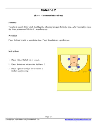 Sideline 2
                                      (Level – Intermediate and up)


   Summary

   This play is a quick-hitter which should get the inbounder an open shot in the lane. After running this play a
   few times, you can run Sideline # 1 as a change up.


   Personnel

   Player 1 should be able to score in the lane. Player 4 needs to set a good screen.




   Instructions:



   1. Player 1 takes the ball out of bounds.

   2. Player 4 turns and sets a screen for Player 2.

   3. Player 1 passes to Player 2 who flashes to
      the ball near the wing.




                                                       Page 63
© Copyright 2008 Breakthrough Basketball, LLC.                                www.BreakthroughBasketball.com
 
