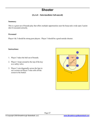 Shooter
                                    (Level – Intermediate/Advanced)

   Summary

   This is a great out of bounds play that offers multiple opportunities near the hoop and a wide open 3-point
   shot if executed correctly.


   Personnel

   Player 4 & 5 should be strong post players. Player 3 should be a good outside shooter.




   Instructions:



   1. Player 3 takes the ball out of bounds.

   2. Player 1 loops around to the top of the key
      as a safety valve.

   3. Player 2 cuts diagonally across the lane to
      set a screen on Player 5 who rolls off the
      screen to the basket.




                                                    Page 67
© Copyright 2008 Breakthrough Basketball, LLC.                               www.BreakthroughBasketball.com
 