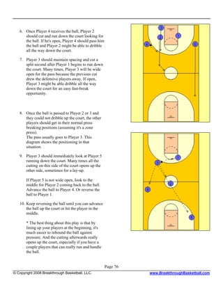 6. Once Player 4 receives the ball, Player 2
      should cut and run down the court looking for
      the ball. If he's open, Player 4 should pass him
      the ball and Player 2 might be able to dribble
      all the way down the court.

   7. Player 3 should maintain spacing and cut a
      split second after Player 1 begins to run down
      the court. Many times, Player 3 will be wide
      open for the pass because the previous cut
      drew the defensive players away. If open,
      Player 3 might be able dribble all the way
      down the court for an easy fast-break
      opportunity.



   8. Once the ball is passed to Player 2 or 3 and
      they could not dribble up the court, the other
      players should get in their normal press
      breaking positions (assuming it's a zone
      press).
      The pass usually goes to Player 3. This
      diagram shows the positioning in that
      situation.

   9. Player 3 should immediately look at Player 5
      running down the court. Many times all the
      cutting on this side of the court opens up the
      other side, sometimes for a lay-up.

       If Player 5 is not wide open, look to the
       middle for Player 2 coming back to the ball.
       Advance the ball to Player 4. Or reverse the
       ball to Player 1.

   10. Keep reversing the ball until you can advance
       the ball up the court or hit the player in the
       middle.

       * The best thing about this play is that by
       lining up your players at the beginning, it's
       much easier to inbound the ball against
       pressure. And the cutting afterwards really
       opens up the court, especially if you have a
       couple players that can really run and handle
       the ball.


                                                         Page 76
© Copyright 2008 Breakthrough Basketball, LLC.                     www.BreakthroughBasketball.com
 