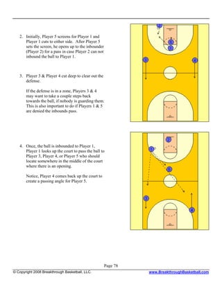 2. Initially, Player 5 screens for Player 1 and
      Player 1 cuts to either side. After Player 5
      sets the screen, he opens up to the inbounder
      (Player 2) for a pass in case Player 2 can not
      inbound the ball to Player 1.



   3. Player 3 & Player 4 cut deep to clear out the
      defense.

       If the defense is in a zone, Players 3 & 4
       may want to take a couple steps back
       towards the ball, if nobody is guarding them.
       This is also important to do if Players 1 & 5
       are denied the inbounds pass.




   4. Once, the ball is inbounded to Player 1,
      Player 1 looks up the court to pass the ball to
      Player 3, Player 4, or Player 5 who should
      locate somewhere in the middle of the court
      where there is an opening.

       Notice, Player 4 comes back up the court to
       create a passing angle for Player 5.




                                                       Page 78
© Copyright 2008 Breakthrough Basketball, LLC.                   www.BreakthroughBasketball.com
 