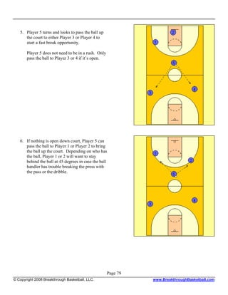 5. Player 5 turns and looks to pass the ball up
      the court to either Player 3 or Player 4 to
      start a fast break opportunity.

       Player 5 does not need to be in a rush. Only
       pass the ball to Player 3 or 4 if it’s open.




   6. If nothing is open down court, Player 5 can
      pass the ball to Player 1 or Player 2 to bring
      the ball up the court. Depending on who has
      the ball, Player 1 or 2 will want to stay
      behind the ball at 45 degrees in case the ball
      handler has trouble breaking the press with
      the pass or the dribble.




                                                      Page 79
© Copyright 2008 Breakthrough Basketball, LLC.                  www.BreakthroughBasketball.com
 