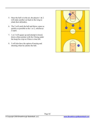 5. Once the ball is in the air, the players 1 & 2
      will make another cut back to the wing to
      elude their defenders.

   6. The 5 will catch the ball and throw a pass as
      quickly as possible to the 1 or 2, whichever
      is open.

   7. 1 or 2 will square up and attempt to knock
      down a three pointer with the 4 being under
      the hoop for a tip-in if there is time left.

   8. 5 will also have the option of turning and
      shooting when he catches the ball.




                                                       Page 82
© Copyright 2008 Breakthrough Basketball, LLC.                   www.BreakthroughBasketball.com
 