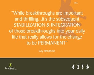 Rise.




 “While breakthroughs are important
   and thrilling...it’s the subsequent
   stabilization & integRation
of those breakthroughs into your daily
 life that really allows for the change
          to be peRmanent”
               gay Hendricks
 