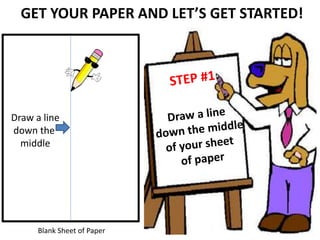 Line
GET YOUR PAPER AND LET’S GET STARTED!
Draw a line
down the
middle
Blank Sheet of Paper
 