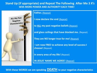 Father, (Repeat)
I now declare the end (Repeat)
to ALL my past negative beliefs (Repeat)
and glass ceilings that have blocked me. (Repeat)
They are NO longer true for me! (Repeat)
I am now FREE to achieve any level of success I
choose! (Repeat)
In every area of my life! (Repeat)
IN JESUS’ NAME WE AGREE! (Repeat)
Stand Up (if appropriate) and Repeat The Following After Me 3 X’s
With MORE POWER AND AUTHORITY EACH TIME!
With these WORDS we are speaking DEATH to your negative characteristics
 