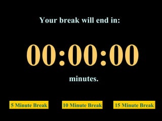 00:00:00 Your break will end in: minutes. 5 Minute Break 10 Minute Break 15 Minute Break Compliments of: 