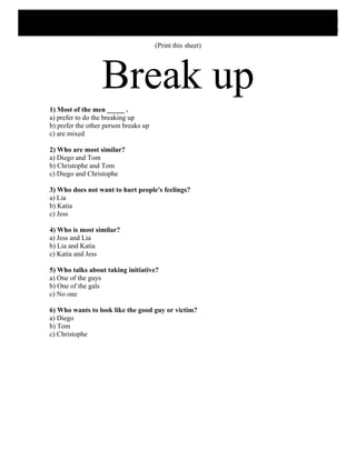 (Print this sheet)




                  Break up
1) Most of the men _____ .
a) prefer to do the breaking up
b) prefer the other person breaks up
c) are mixed

2) Who are most similar?
a) Diego and Tom
b) Christophe and Tom
c) Diego and Christophe

3) Who does not want to hurt people's feelings?
a) Lia
b) Katia
c) Jess

4) Who is most similar?
a) Jess and Lia
b) Lia and Katia
c) Katia and Jess

5) Who talks about taking initiative?
a) One of the guys
b) One of the gals
c) No one

6) Who wants to look like the good guy or victim?
a) Diego
b) Tom
c) Christophe
 