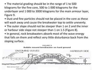 • The material grading should be in the range of 1 to 500
kilograms for the fine core, 500 to 1 000 kilograms for the
underlayer and 1 000 to 3000 kilograms for the main armour layer,
Figure 9.
• Dust and fine particles should not be placed in the core as these
will wash away and cause the breakwater top to settle unevenly.
• The outer slope should not be steeper than 1 on 2 and the inner
or harbour side slope not steeper than 1 on 1.5 (Figure 8).
• In general, rock breakwaters absorb most of the wave energy
that falls on them and reflect very little disturbance back from the
sloping surface.
 