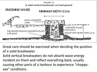 Great care should be exercised when deciding the position
of a solid breakwater.
Solid vertical breakwaters do not absorb wave energy
incident on them and reflect everything back, usually
causing other parts of a harbour to experience “choppy-
sea” conditions.
 