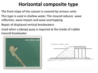 Horizontal composite type
The front slope of the caisson is covered by armour units
This type is used in shallow water. The mound reduces wave
reflection, wave impact and wave overtopping
Repair of displaced vertical breakwaters
Used when a (deep) quay is required at the inside of rubble
mound breakwater
 