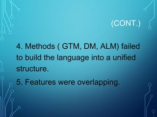 (CONT.)
4. Methods ( GTM, DM, ALM) failed
to build the language into a unified
structure.
5. Features were overlapping.
 