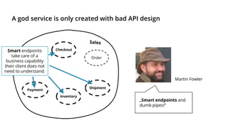 A god service is only created with bad API design
Checkout
Payment
Inventory
Shipment
Order
„Smart endpoints and
dumb pipes!”
Martin Fowler
Smart endpoints
take care of a
business capability
their client does not
need to understand.
 
