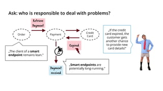 Ask: who is responsible to deal with problems?
Order
Credit
Card
„If the credit
card expired, the
customer gets
another chance
to provide new
card details!“
Expired
„Smart endpoints are
potentially long-running.”
Payment
Retrieve
Payment
Payment
received
„The client of a smart
endpoint remains lean.”
 