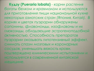 Кудзу (Pueraria lobata) - корни растения
богаты белком и крахмалом и используются
для приготовления пищи национальной кухне
некоторых азиатских стран (Япония, Китай). В
корнях и цветах пуэрарии обнаружены
сапонины, флавоноиды, изофлавоны и их
глюкозиды, обладающие эстрогеноподобной
активностью. Способность препаратов
пуэрарии оказывать гипотензивный эффект,
снимать спазм мозговых и коронарных
сосудов, уменьшать вязкость крови,
подтверждено клиническими испытаниями и
используется в современной китайской
медицине.
 