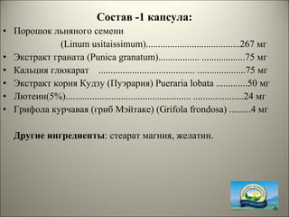 Состав -1 капсула:
• Порошок льняного семени
(Linum usitaissimum).......................................267 мг
• Экстракт граната (Punica granatum)................. ..................75 мг
• Кальция глюкарат ........................................ ....................75 мг
• Экстракт корня Кудзу (Пуэрария) Pueraria lobata .............50 мг
• Лютеин(5%).................................................... .....................24 мг
• Грифола курчавая (гриб Мэйтаке) (Grifola frondosa) .........4 мг
Другие ингредиенты: стеарат магния, желатин.
 