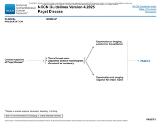 Version 4.2025, 4/17/25 © 2025 National Comprehensive Cancer Network®
(NCCN®
), All rights reserved. NCCN Guidelines®
and this illustration may not be reproduced in any form without the express written permission of NCCN.
Note: All recommendations are category 2A unless otherwise indicated.
NCCN Guidelines Version 4.2025
Paget Disease
NCCN Guidelines Index
Table of Contents
Discussion
PAGET-1
a Nipple or areolar eczema, ulceration, bleeding, or itching.
CLINICAL
PRESENTATION
WORKUP
Clinical suspicion
of Paget diseasea
• Clinical breast exam
• Diagnostic bilateral mammogram,
ultrasound as necessary
Examination or imaging
positive for breast lesion
Examination and imaging
negative for breast lesion
PAGET-2
PLEASE NOTE that use of this NCCN Content is governed by the End-User License Agreement, and you MAY NOT distribute this Content or use it with any artificial intelligence model or tool.
Printed by Kirushanth Kiru on 9/22/2025 11:08:38 PM. Copyright © 2025 National Comprehensive Cancer Network, Inc. All Rights Reserved.
 