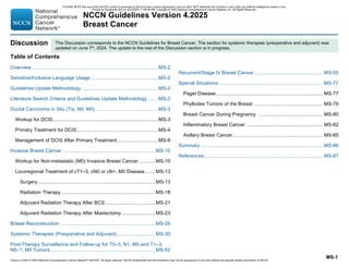 Version 4.2025 © 2025 National Comprehensive Cancer Network©
(NCCN©
), All rights reserved. NCCN Guidelines® and this illustration may not be reproduced in any form without the express written permission of NCCN.
NCCN Guidelines Version 4.2025
Breast Cancer
MS-1
Discussion
Table of Contents
Overview.........................................................................................MS-2
Sensitive/Inclusive Language Usage ...............................................MS-2
Guidelines Update Methodology ......................................................MS-2
Literature Search Criteria and Guidelines Update Methodology........MS-2
Ductal Carcinoma in Situ (Tis, N0, M0) ............................................MS-3
Workup for DCIS..........................................................................MS-3
Primary Treatment for DCIS.........................................................MS-4
Management of DCIS After Primary Treatment.............................MS-8
Invasive Breast Cancer .................................................................MS-10
Workup for Non-metastatic (M0) Invasive Breast Cancer............MS-10
Locoregional Treatment of cT1–3, cN0 or cN+, M0 Disease .......MS-13
Surgery ..................................................................................MS-13
Radiation Therapy ..................................................................MS-18
Adjuvant Radiation Therapy After BCS ...................................MS-21
Adjuvant Radiation Therapy After Mastectomy........................MS-23
Breast Reconstruction ..................................................................MS-26
Systemic Therapies (Preoperative and Adjuvant)...........................MS-30
Post-Therapy Surveillance and Follow-up for T0–3, N1, M0 and T1–3,
N0–1, M0 Tumors..........................................................................MS-52
Recurrent/Stage IV Breast Cancer................................................ MS-55
Special Situations......................................................................... MS-77
Paget Disease........................................................................... MS-77
Phyllodes Tumors of the Breast ................................................ MS-79
Breast Cancer During Pregnancy ............................................ MS-80
Inflammatory Breast Cancer ..................................................... MS-82
Axillary Breast Cancer............................................................... MS-85
Summary...................................................................................... MS-86
References................................................................................... MS-87
This Discussion corresponds to the NCCN Guidelines for Breast Cancer. The section for systemic therapies (preoperative and adjuvant) was
updated on June 7th, 2024. The update to the rest of the Discussion section is in progress.
PLEASE NOTE that use of this NCCN Content is governed by the End-User License Agreement, and you MAY NOT distribute this Content or use it with any artificial intelligence model or tool.
Printed by Kirushanth Kiru on 9/22/2025 11:08:38 PM. Copyright © 2025 National Comprehensive Cancer Network, Inc. All Rights Reserved.
 