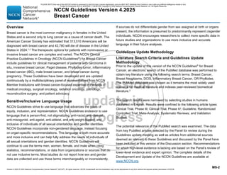 Version 4.2025 © 2025 National Comprehensive Cancer Network©
(NCCN©
), All rights reserved. NCCN Guidelines® and this illustration may not be reproduced in any form without the express written permission of NCCN.
NCCN Guidelines Version 4.2025
Breast Cancer
MS-2
Overview
Breast cancer is the most common malignancy in females in the United
States and is second only to lung cancer as a cause of cancer death. The
American Cancer Society has estimated that 313,510 Americans will be
diagnosed with breast cancer and 42,780 will die of disease in the United
States in 2024.1,2
The therapeutic options for patients with noninvasive or
invasive breast cancer are complex and varied. The NCCN Clinical
Practice Guidelines in Oncology (NCCN Guidelines®
) for Breast Cancer
include guidelines for clinical management of patients with carcinoma in
situ, invasive breast cancer, Paget disease, Phyllodes tumor, inflammatory
breast cancer (IBC), male breast cancer, and breast cancer during
pregnancy. These Guidelines have been developed and are updated
continuously by a multidisciplinary panel of representatives from NCCN
Member Institutions with breast cancer-focused expertise in the fields of
medical oncology, surgical oncology, radiation oncology, pathology,
reconstructive surgery, and patient advocacy.
Sensitive/Inclusive Language Usage
NCCN Guidelines strive to use language that advances the goals of
equity, inclusion, and representation. NCCN Guidelines endeavor to use
language that is person-first; not stigmatizing; anti-racist, anti-classist,
anti-misogynist, anti-ageist, anti-ableist, and anti-weight-biased; and
inclusive of individuals of all sexual orientations and gender identities.
NCCN Guidelines incorporate non-gendered language, instead focusing
on organ-specific recommendations. This language is both more accurate
and more inclusive and can help fully address the needs of individuals of
all sexual orientations and gender identities. NCCN Guidelines will
continue to use the terms men, women, female, and male when citing
statistics, recommendations, or data from organizations or sources that do
not use inclusive terms. Most studies do not report how sex and gender
data are collected and use these terms interchangeably or inconsistently.
If sources do not differentiate gender from sex assigned at birth or organs
present, the information is presumed to predominantly represent cisgender
individuals. NCCN encourages researchers to collect more specific data in
future studies and organizations to use more inclusive and accurate
language in their future analyses.
Guidelines Update Methodology
Literature Search Criteria and Guidelines Update
Methodology
Prior to the update of this version of the NCCN Guidelines®
for Breast
Cancer, an electronic search of the PubMed database was performed to
obtain key literature using the following search terms: Breast Cancer,
Breast Neoplasms, DCIS, Inflammatory Breast Cancer, OR Phyllodes.
The PubMed database was chosen as it remains the most widely used
resource for medical literature and indexes peer-reviewed biomedical
literature.3
The search results were narrowed by selecting studies in humans
published in English. Results were confined to the following article types:
Clinical Trial, Phase III; Clinical Trial, Phase IV; Guideline; Randomized
Controlled Trial; Meta-Analysis; Systematic Reviews; and Validation
Studies.
The potential relevance of the PubMed search was examined. The data
from key PubMed articles selected by the Panel for review during the
Guidelines update meeting as well as articles from additional sources
deemed as relevant to these Guidelines and discussed by the Panel have
been included in this version of the Discussion section. Recommendations
for which high-level evidence is lacking are based on the Panel’s review of
lower-level evidence and expert opinion. The complete details of the
Development and Update of the NCCN Guidelines are available at
www.NCCN.org.
PLEASE NOTE that use of this NCCN Content is governed by the End-User License Agreement, and you MAY NOT distribute this Content or use it with any artificial intelligence model or tool.
Printed by Kirushanth Kiru on 9/22/2025 11:08:38 PM. Copyright © 2025 National Comprehensive Cancer Network, Inc. All Rights Reserved.
 