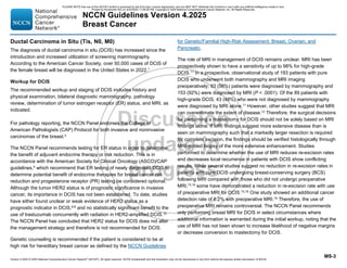 Version 4.2025 © 2025 National Comprehensive Cancer Network©
(NCCN©
), All rights reserved. NCCN Guidelines® and this illustration may not be reproduced in any form without the express written permission of NCCN.
NCCN Guidelines Version 4.2025
Breast Cancer
MS-3
Ductal Carcinoma in Situ (Tis, N0, M0)
The diagnosis of ductal carcinoma in situ (DCIS) has increased since the
introduction and increased utilization of screening mammography.
According to the American Cancer Society, over 50,000 cases of DCIS of
the female breast will be diagnosed in the United States in 2022.1
Workup for DCIS
The recommended workup and staging of DCIS includes history and
physical examination, bilateral diagnostic mammography, pathology
review, determination of tumor estrogen receptor (ER) status, and MRI, as
indicated.
For pathology reporting, the NCCN Panel endorses the College of
American Pathologists (CAP) Protocol for both invasive and noninvasive
carcinomas of the breast.4
The NCCN Panel recommends testing for ER status in order to determine
the benefit of adjuvant endocrine therapy or risk reduction. This is in
accordance with the American Society for Clinical Oncology (ASCO)/CAP
guidelines,5
which recommend that ER testing of newly diagnosed DCIS to
determine potential benefit of endocrine therapies for breast cancer risk
reduction and progesterone receptor (PR) testing be considered optional.
Although the tumor HER2 status is of prognostic significance in invasive
cancer, its importance in DCIS has not been established. To date, studies
have either found unclear or weak evidence of HER2 status as a
prognostic indicator in DCIS,6-9
and no statistically significant benefit to the
use of trastuzumab concurrently with radiation in HER2-amplified DCIS.10
The NCCN Panel has concluded that HER2 status for DCIS does not alter
the management strategy and therefore is not recommended for DCIS.
Genetic counseling is recommended if the patient is considered to be at
high risk for hereditary breast cancer as defined by the NCCN Guidelines
for Genetic/Familial High-Risk Assessment: Breast, Ovarian, and
Pancreatic.
The role of MRI in management of DCIS remains unclear. MRI has been
prospectively shown to have a sensitivity of up to 98% for high-grade
DCIS.11
In a prospective, observational study of 193 patients with pure
DCIS who underwent both mammography and MRI imaging
preoperatively; 93 (56%) patients were diagnosed by mammography and
153 (92%) were diagnosed by MRI (P  .0001). Of the 89 patients with
high-grade DCIS, 43 (48%) who were not diagnosed by mammography
were diagnosed by MRI alone.11
However, other studies suggest that MRI
can overestimate the extent of disease.12 Therefore, the surgical decisions
for performing a mastectomy for DCIS should not be solely based on MRI
findings alone. If MRI findings suggest more extensive disease than is
seen on mammography such that a markedly larger resection is required
for complete excision, the findings should be verified histologically through
MRI-guided biopsy of the more extensive enhancement. Studies
performed to determine whether the use of MRI reduces re-excision rates
and decreases local recurrence in patients with DCIS show conflicting
results. While several studies suggest no reduction in re-excision rates in
patients with pure DCIS undergoing breast-conserving surgery (BCS)
following MRI compared with those who did not undergo preoperative
MRI,13,14 some have demonstrated a reduction in re-excision rate with use
of preoperative MRI for DCIS.15,16
One study showed an additional cancer
detection rate of 6.2% with preoperative MRI.16 Therefore, the use of
preoperative MRI remains controversial. The NCCN Panel recommends
only performing breast MRI for DCIS in select circumstances where
additional information is warranted during the initial workup, noting that the
use of MRI has not been shown to increase likelihood of negative margins
or decrease conversion to mastectomy for DCIS.
PLEASE NOTE that use of this NCCN Content is governed by the End-User License Agreement, and you MAY NOT distribute this Content or use it with any artificial intelligence model or tool.
Printed by Kirushanth Kiru on 9/22/2025 11:08:38 PM. Copyright © 2025 National Comprehensive Cancer Network, Inc. All Rights Reserved.
 
