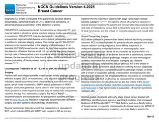 Version 4.2025 © 2025 National Comprehensive Cancer Network©
(NCCN©
), All rights reserved. NCCN Guidelines® and this illustration may not be reproduced in any form without the express written permission of NCCN.
NCCN Guidelines Version 4.2025
Breast Cancer
MS-13
diagnostic CT or MRI is indicated if the patient has elevated alkaline
phosphatase, abnormal results on LFTs, abdominal symptoms, or
abnormal physical examination of the abdomen or pelvis.
FDG-PET/CT may be performed at the same time as diagnostic CT, and
may be helpful in situations where standard staging studies are equivocal
or suspicious. FDG-PET/CT may also be helpful in identifying
unsuspected regional nodal disease and/or distant metastases when used
in addition to standard staging studies. The routine use of FDG-PET/CT
scanning is not recommended in the staging of clinical stage I, II, or
operable III (T3,N1) breast cancer, due to its high false-negative rate for
the detection of lesions that are small (1 cm) and/or low-grade disease,
the high rate of false-positive scans in patients without locally advanced
disease, the low sensitivity for detection of axillary nodal metastases, and
the low probability of these patients having detectable metastatic
disease.109-112
Locoregional Treatment of cT1–3, cN0 or cN+, M0 Disease
Surgery
Patients with early-stage operable breast cancer initially undergo upfront
definitive surgery (BCS or mastectomy), and adjuvant systemic therapy if
indicated, based on primary tumor characteristics, such as tumor size,
grade, lymph node involvement, ER/PR status, expression of HER2
receptor, and tumor genomics. Some patients with early-stage operable
HER2-positive or triple-negative disease may be treated with preoperative
systemic therapy first, followed by surgery. For NCCN Panel
recommendations and consideration for preoperative systemic therapy,
refer to www.NCCN.org. Radiation is typically sequenced after definitive
surgery and after systemic chemotherapy (if delivered).
Several randomized trials document that mastectomy is equivalent to
BCT, which includes BCS with WBRT with respect to OS as primary
treatment for the majority of patients with stage I and stage II breast
cancers (category 1).113-117 The optimal choice of surgery is based on a
shared decision made by the patient and clinician after discussing benefits
and risks of mastectomy versus BCT in regards to long-term survival, risk
of local recurrence, and the impact on cosmetic outcome and overall QOL.
Breast Conserving Surgery
BCS allows patients to preserve their breast without sacrificing oncologic
outcome. BCS is contraindicated for patients who are pregnant and would
require radiation during pregnancy; have diffuse suspicious or
malignant-appearing microcalcifications on mammography; have
widespread disease that cannot be incorporated by local excision of a
single region or segment of the breast tissue with a satisfactory cosmetic
result; have diffusely positive pathologic margins; or have homozygous
(biallelic) inactivation for ATM mutation (category 2B). Relative
contraindications to lumpectomy include previous RT to the breast or
chest wall; active connective tissue disease involving the skin (especially
scleroderma and lupus); persistently positive pathologic margin; or those
with a known or suspected genetic predisposition to breast cancer who
may have an increased risk of ipsilateral breast recurrence or contralateral
breast cancer with BCT or who may be considered for prophylactic
bilateral mastectomy for risk reduction as per the criteria in the NCCN
Guidelines for Genetic/Familial High-Risk Assessment: Breast, Ovarian,
and Pancreatic or may have known or suspected Li-Fraumeni syndrome
(category 2B).
Several studies of patients with early-stage breast cancer treated with
BCS have identified young age as a significant predictor of an increased
likelihood of IBTRs after BCT.118-120 Risk factors, such as a family history
of breast cancer or a genetic predisposition for breast cancer (ie, BRCA1/2
or other cancer-predisposing mutation), are more likely to exist in the
PLEASE NOTE that use of this NCCN Content is governed by the End-User License Agreement, and you MAY NOT distribute this Content or use it with any artificial intelligence model or tool.
Printed by Kirushanth Kiru on 9/22/2025 11:08:38 PM. Copyright © 2025 National Comprehensive Cancer Network, Inc. All Rights Reserved.
 