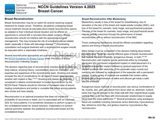 Version 4.2025 © 2025 National Comprehensive Cancer Network©
(NCCN©
), All rights reserved. NCCN Guidelines® and this illustration may not be reproduced in any form without the express written permission of NCCN.
NCCN Guidelines Version 4.2025
Breast Cancer
MS-26
Breast Reconstruction
Breast reconstruction may be an option for anyone receiving surgical
treatment for breast cancer. Therefore, all patients undergoing breast
cancer treatment should be educated about breast reconstructive options
as adapted to their individual clinical situation and be offered an
opportunity to consult with a reconstructive plastic surgeon. Breast
reconstruction should not interfere with the appropriate surgical
management. This may increase the risk of overall and cancer-related
death, especially in those with late-stage disease.218
Coordinating
consultation and surgical treatment with a reconstructive surgeon should
be executed within a reasonable timeframe.
Several reconstructive approaches are summarized for these patients in
the NCCN Guidelines for Breast Cancer under Principles of Breast
Reconstruction Following Surgery.
The decision regarding type of reconstruction includes patient preference,
body habitus, smoking history, comorbidities, plans for irradiation, and
expertise and experience of the reconstruction team. Smoking and obesity
increase the risk of complications for all types of breast reconstruction
whether with implant or flap.219-223 Smoking and obesity are therefore
considered a relative contraindication to breast reconstruction by the
NCCN Panel. Patients should be informed of increased rates of wound
healing complications and partial or complete flap failure among patients
who smoke and have obesity.
Reconstruction is an optional procedure that does not impact the
probability of recurrence or death, but it is associated with an improved
QOL for many patients. It is sometimes necessary to perform surgery on
the contralateral breast (ie, breast reduction, implantation) to achieve
optimal symmetry between the ipsilateral reconstructed breast and the
contralateral breast.
Breast Reconstruction After Mastectomy
Mastectomy results in loss of the breast for breastfeeding, loss of
sensation in the skin of the breast and nipple-areolar complex (NAC), and
loss of the breast for cosmetic, body image, and psychosocial purposes.
The loss of the breast for cosmetic, body image, and psychosocial issues
may be partially overcome through the performance of breast
reconstruction with or without reconstruction of the NAC.
Those undergoing mastectomy should be offered consultation regarding
options and timing of breast reconstruction.
Many factors must be considered in the decision-making about breast
reconstruction. There are several different types of breast reconstruction
that include the use of implants, autogenous tissues, or both.224-226
Reconstruction with implants can be performed either by immediate
placement of a permanent subpectoral implant or initial placement of a
subpectoral expander implant followed by gradual expansion of the
implant envelope with stretching of the pectoralis major muscle and
overlying skin followed by replacement of the expander with a permanent
implant. A wide variety of implants are available that contain saline,
silicone gel, or a combination of saline and silicone gel inside a solid
silicone envelope.
Autogenous tissue methods of reconstruction use various combinations of
fat, muscle, skin, and vasculature from donor sites (ie, abdomen, buttock,
back) that may be brought to the chest wall with their original blood supply
(pedicle flap) or as free flaps with microvascular anastomoses to supply
blood from the chest wall/thorax.227 Several procedures using autologous
tissue are available including transverse rectus abdominis myocutaneous
flap, latissimus dorsi flap, and gluteus maximus myocutaneous flap
reconstruction.
PLEASE NOTE that use of this NCCN Content is governed by the End-User License Agreement, and you MAY NOT distribute this Content or use it with any artificial intelligence model or tool.
Printed by Kirushanth Kiru on 9/22/2025 11:08:38 PM. Copyright © 2025 National Comprehensive Cancer Network, Inc. All Rights Reserved.
 