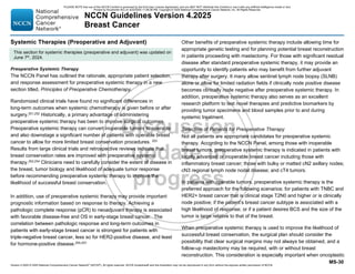Version 4.2025 © 2025 National Comprehensive Cancer Network©
(NCCN©
), All rights reserved. NCCN Guidelines® and this illustration may not be reproduced in any form without the express written permission of NCCN.
NCCN Guidelines Version 4.2025
Breast Cancer
MS-30
Systemic Therapies (Preoperative and Adjuvant)
Preoperative Systemic Therapy
The NCCN Panel has outlined the rationale, appropriate patient selection,
and response assessment for preoperative systemic therapy in a new
section titled, Principles of Preoperative Chemotherapy.
Randomized clinical trials have found no significant differences in
long-term outcomes when systemic chemotherapy is given before or after
surgery.251,252
Historically, a primary advantage of administering
preoperative systemic therapy has been to improve surgical outcomes.
Preoperative systemic therapy can convert inoperable tumors to operable
and also downstage a significant number of patients with operable breast
cancer to allow for more limited breast conservation procedures. 253
Results from large clinical trials and retrospective reviews indicate that
breast conservation rates are improved with preoperative systemic
therapy.252,254
Clinicians need to carefully consider the extent of disease in
the breast, tumor biology and likelihood of adequate tumor response
before recommending preoperative systemic therapy to improve the
likelihood of successful breast conservation.
In addition, use of preoperative systemic therapy may provide important
prognostic information based on response to therapy. Achieving a
pathologic complete response (pCR) to neoadjuvant therapy is associated
with favorable disease-free and OS in early-stage breast cancer. The
correlation between pathologic response and long-term outcomes in
patients with early-stage breast cancer is strongest for patients with
triple-negative breast cancer, less so for HER2-positive disease, and least
for hormone-positive disease.255-257
Other benefits of preoperative systemic therapy include allowing time for
appropriate genetic testing and for planning potential breast reconstruction
in patients proceeding with mastectomy. For those with significant residual
disease after standard preoperative systemic therapy, it may provide an
opportunity to identify patients who may benefit from further adjuvant
therapy after surgery. It many allow sentinel lymph node biopsy (SLNB)
alone or allow for limited radiation fields if clinically node positive disease
becomes clinically node negative after preoperative systemic therapy. In
addition, preoperative systemic therapy also serves as an excellent
research platform to test novel therapies and predictive biomarkers by
providing tumor specimens and blood samples prior to and during
systemic treatment.
Selection of Patients for Preoperative Therapy
Not all patients are appropriate candidates for preoperative systemic
therapy. According to the NCCN Panel, among those with inoperable
breast tumors, preoperative systemic therapy is indicated in patients with
locally advanced or inoperable breast cancer including those with
inflammatory breast cancer; those with bulky or matted cN2 axillary nodes;
cN3 regional lymph node nodal disease; and cT4 tumors.
In patients with operable tumors, preoperative systemic therapy is the
preferred approach for the following scenarios: for patients with TNBC and
HER2+ breast cancer that is clinical stage T2N0 and higher or is clinically
node positive; if the patient’s breast cancer subtype is associated with a
high likelihood of response; or if a patient desires BCS and the size of the
tumor is large relative to that of the breast.
When preoperative systemic therapy is used to improve the likelihood of
successful breast conservation, the surgical plan should consider the
possibility that clear surgical margins may not always be obtained, and a
follow-up mastectomy may be required, with or without breast
reconstruction. This consideration is especially important when oncoplastic
This section for systemic therapies (preoperative and adjuvant) was updated on
June 7th, 2024.
PLEASE NOTE that use of this NCCN Content is governed by the End-User License Agreement, and you MAY NOT distribute this Content or use it with any artificial intelligence model or tool.
Printed by Kirushanth Kiru on 9/22/2025 11:08:38 PM. Copyright © 2025 National Comprehensive Cancer Network, Inc. All Rights Reserved.
 