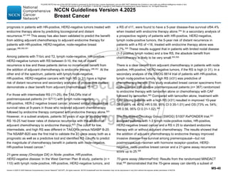 Version 4.2025 © 2025 National Comprehensive Cancer Network©
(NCCN©
), All rights reserved. NCCN Guidelines® and this illustration may not be reproduced in any form without the express written permission of NCCN.
NCCN Guidelines Version 4.2025
Breast Cancer
MS-40
prognosis in patients with HR-positive, HER2-negative tumors treated with
endocrine therapy alone by predicting locoregional and distant
recurrence.347-349
This assay has also been validated to predict the benefit
from adding adjuvant chemotherapy to adjuvant endocrine therapy for
patients with HR-positive, HER2-negative, node-negative breast
cancer.286,350,351
Among patients with T1b/c and T2, lymph node-negative, HR-positive,
HER2-negative tumors with RS between 0-10, the risk of distant
recurrence is low and these patients derive no incremental benefit from
the addition of adjuvant chemotherapy to endocrine therapy.286,352
At the
other end of the spectrum, patients with lymph node-negative,
HR-positive, HER2-negative cancers with high RS (≥ 31) have a higher
risk of distant recurrence and secondary analyses of prospective studies
demonstrate a clear benefit from adjuvant chemotherapy.286,353
For those with intermediate RS (11-25), the TAILORx trial of
postmenopausal patients (n= 6711) with lymph node-negative,
HR-positive, HER-2 negative breast cancer, showed similar disease-free
survival rates at 9-years in those who received adjuvant chemotherapy
followed by endocrine therapy compared with endocrine therapy alone.353
However, in a subset analysis, patients 50 years of age or younger with
RS 16-25 had lower rates of distance recurrence with the addition of
adjuvant chemotherapy to endocrine therapy.353
The cutoff for low,
intermediate, and high RS was different in TAILORx versus NSABP B-20.
The NSABP-B20 was the first trial to validate the 21-gene assay both as a
prognostic as well as a predictive tool and identified RS cut-offs to predict
the magnitude of chemotherapy benefit in patients with node-negative,
HR-positive breast cancer.7
21-gene assay (Oncotype DX) in Node- positive, HR-positive,
HER2-negative disease: In the West German Plan B study, patients (n =
110) with lymph node-positive, HR-positive, HER2-negative tumors, and
a RS of ≤11, were found to have a 5-year disease-free survival of94.4%
when treated with endocrine therapy alone.354 In a secondary analysis of
a prospective registry of patients with HR-positive, HER2-negative,
lymph node-positive tumors, the 5-year risk of distant recurrence in
patients with a RS of 18, treated with endocrine therapy alone was
2.7%.355
These results suggest that in patients with limited nodal disease
(1-3 positive lymph nodes) and a low RS, the absolute benefit from
chemotherapy is likely to be very small.355,356
There is a clear benefit from adjuvant chemotherapy in patients with node
positive, HR-positive, HER2-negative tumors, if the RS is high (≥ 31). In a
secondary analysis of the SWOG 8814 trial of patients with HR-positive,
lymph node-positive tumors, high RS (≥31) was predictive of
chemotherapy benefit. This study evaluated breast cancer specimens from
node-positive, HR-positive postmenopausal patients (n= 367) randomized
to endocrine therapy with tamoxifen alone or chemotherapy with CAF
followed by tamoxifen.350 Compared with tamoxifen alone, treatment with
CAF among patients with a high RS (≥31) resulted in improved 10-year
DFS (55% vs. 43%; HR 0.59, 95% CI 0.35-1.01) and OS (73% vs. 54%;
HR 0.56, 95% CI 0.31-1.02).350
The Southwest Oncology Group (SWOG) S1007 RxPONDER trial,357
assigned patients with 1-3 lymph node-positive nodes, HR-positive,
HER2-negative breast cancer and a RS ≤ 25 to standard endocrine
therapy with or without adjuvant chemotherapy. The results showed that
the addition of adjuvant chemotherapy to endocrine therapy improved
invasive disease–free survival among premenopausal—but not
postmenopausal—women with hormone receptor–positive, HER2-
negative, node-positive breast cancer and a 21-gene assay recurrence
score up to 25.358
70-gene assay (MammaPrint): Results from the randomized MINDACT
trial,359
demonstrated that the 70-gene assay can identify a subset of
PLEASE NOTE that use of this NCCN Content is governed by the End-User License Agreement, and you MAY NOT distribute this Content or use it with any artificial intelligence model or tool.
Printed by Kirushanth Kiru on 9/22/2025 11:08:38 PM. Copyright © 2025 National Comprehensive Cancer Network, Inc. All Rights Reserved.
 